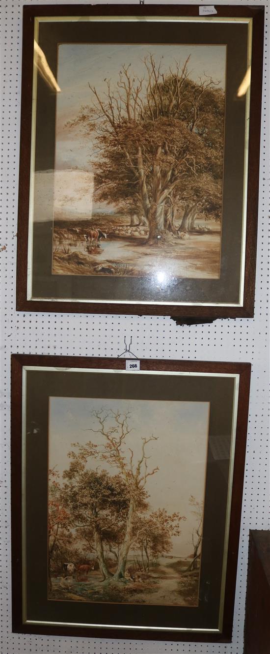 Pair large watercolours, cattle grazing(-)